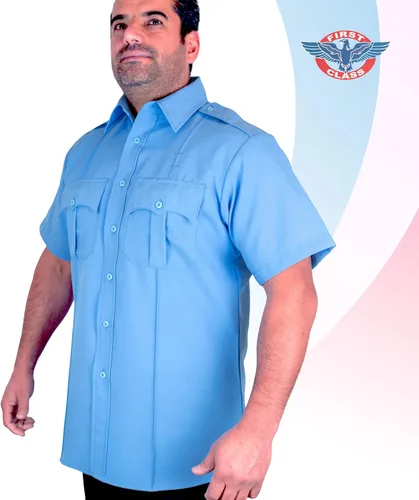 Vista 5 de First Class camisa celeste manga corta para uniforme 100 % de poliéster para hombre