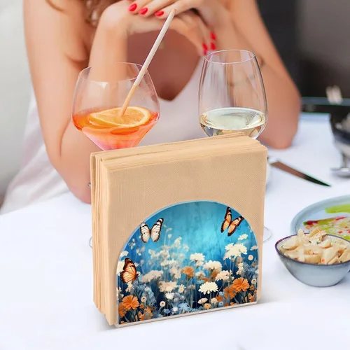 Vista 7 de Servilleteros de flores moradas con mariposas para mesas, servilleteros de acrílico transparente, servilleteros de cóctel para cocina, restaurante