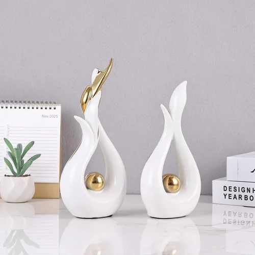 Vista 8 de Juego de 2 esculturas abstractas de cerámica con llamas, figuras modernas para centro de mesa de sala de estar, decoración de mesa de comedor, Oro