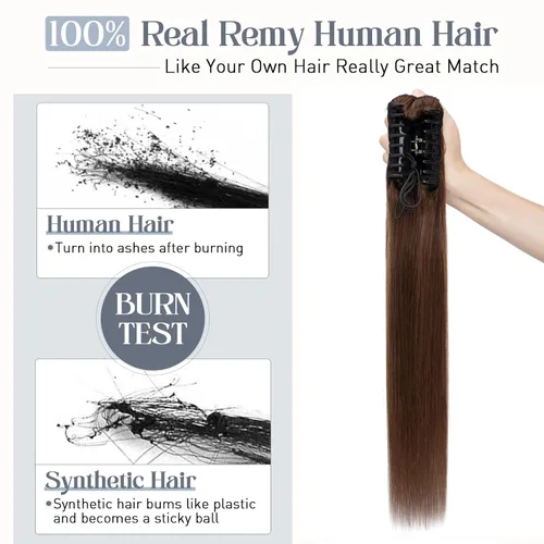 Vista 17 de Rich Choices Extensión de cola de caballo con clip de garra, cabello humano real, una pieza, extensiones de cabello largo Remy para mujer, #18P613