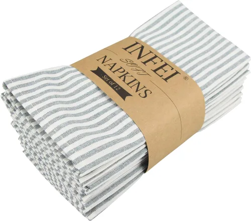 Vista 9 de Juego de 12 servilletas de tela de lino y algodón a rayas lisas, para eventos y uso doméstico (beige)