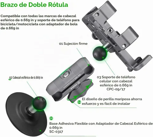 Vista 2 de FANAUE El brazo de doble enchufe se conecta a un adaptador de cabeza de bola de 0.669 in solamente, compatible con soporte GPS Garmin y soporte