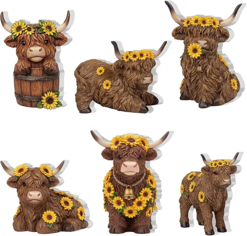 Vista 7 de Tradder 6 piezas de decoración de mesa de vaca de las tierras altas de girasol, letrero de madera de vaca de las tierras altas de primavera, centro