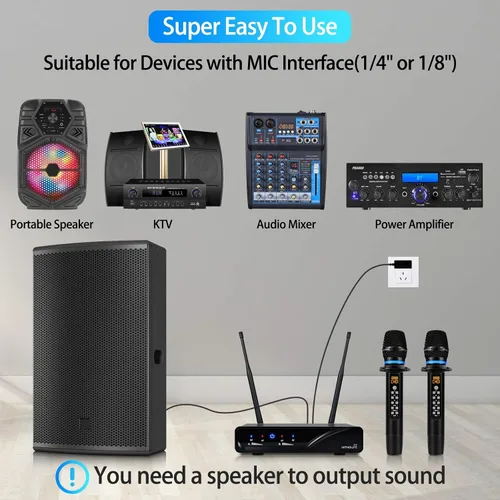 Vista 3 de Micrófono inalámbrico J10 Sistema de karaoke recargable, micrófono inalámbrico de metal UHF de mano con control de graves agudos de volumen y caja