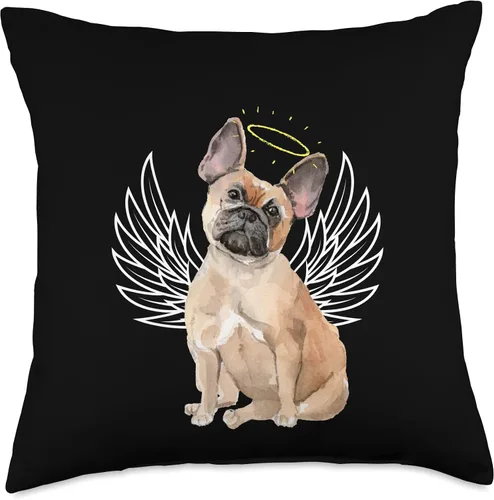 Vista 5 de French Bulldog Frenchie Fans Dog Breed Accessories Bonita almohada de ala de ángel y halo de bulldog francés, color marrón y marrón tostado, 15.7 x