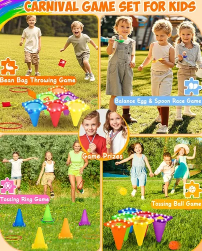 Vista 4 de Eocolz Juego combinado de 49 piezas de juegos de carnaval al aire libre para niños con luz LED, conos de plástico, obstáculos, puf, bolas