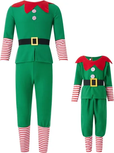 Vista 6 de Springcmy Disfraz de elfo de Navidad para mujeres y hombres, disfraz de Santa Claus, pantalones + calentador de piernas, sombrero + cinturón