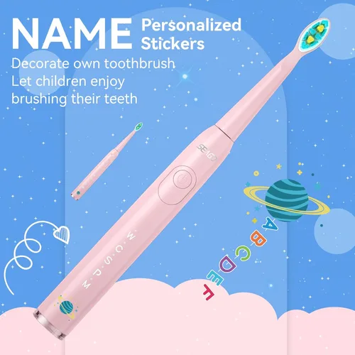 Vista 2 de SEAGO Cepillo de dientes eléctrico para niños, cepillos de dientes recargables de cerdas suaves sónicos con calcomanías de bricolaje, 5 modos