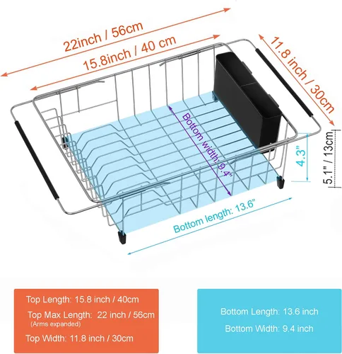 Vista 2 de iPEGTOP - Escurridor de platos expandible multifuncional, sobre el fregadero, en el fregadero o en la encimera, con cesta de escurrido y estante