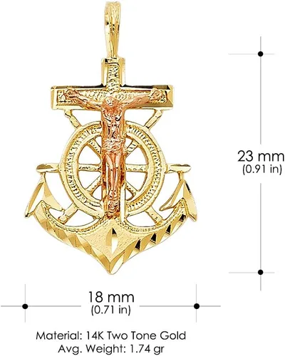 Vista 4 de Ioka - 14K Two Tone Gold Religious Crucifix Anchor Charm Small Pendant For Necklace or Chain