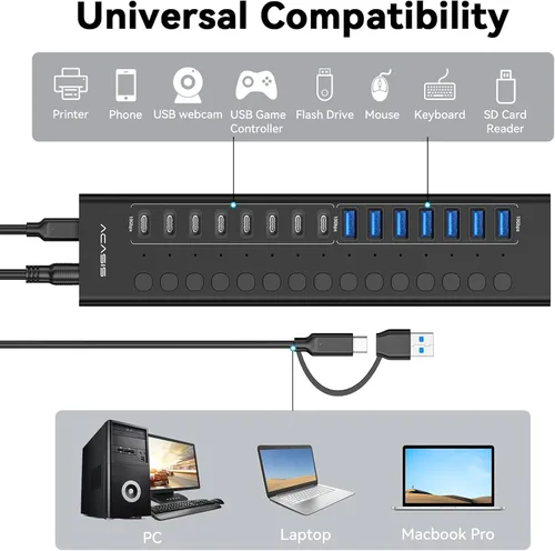 Vista 5 de Hub USB 3.2 alimentado, ACASIS 16 puertos USB 3.2 Hub (8 puertos USB-A 3.2 + 8 puertos USB-C 3.2), concentrador USB de aluminio alimentado