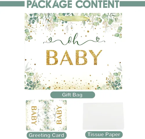 Vista 4 de Bolsa de regalo grande de 13" para bebé niño o niña para baby shower o cumpleaños con asa, papel de seda y tarjeta de felicitación (13" Verde)