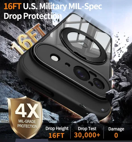 Vista 4 de 【Soporte magnético giratorio de 360°】 Funda para Google Pixel 9 【Compatible con MagSafe y Pixelsnap】 Funda con soporte de anillo 【Cristal Negro