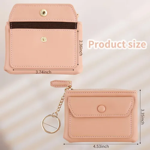 Vista 2 de Monedero, mini monedero con llavero y cierre de cremallera para hombres y mujeres, bolso de moda, llavero colgante de cuero clásico, Rosado, Monedero
