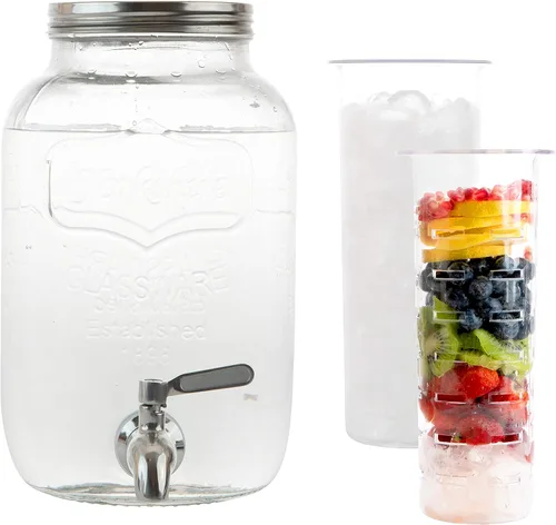 Vista 8 de Dispensador de bebidas de vidrio de 2 galones con infusores de hielo y frutas, espita de acero inoxidable y tapa de metal, dispensador de bebidas