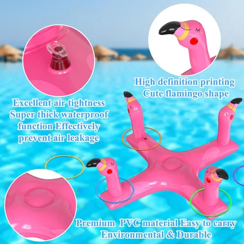 Vista 3 de Juguetes de piscina, juegos de lanzamiento de anillos de piscina, juguetes inflables de tiburón flamenco con 6 anillos para niños y adultos, piscina