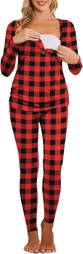 Vista 2 de Ekouaer Ropa interior térmica con botones para mujer, pijama de maternidad con forro polar de microfibra, conjunto de pijamas de invierno largo