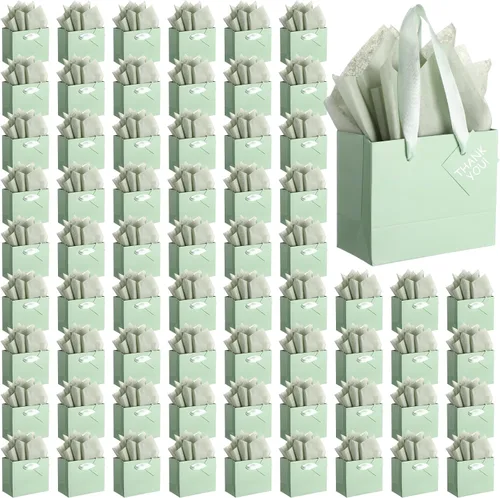Vista 10 de Qilery 50 bolsas de regalo de papel de boda a granel con papel de seda, pequeñas bolsas de regalo con asa y etiquetas para cumpleaños, bodas
