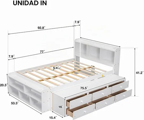 Vista 2 de HomSof Cama matrimonial con cabecero de estantería, cajones de almacenamiento debajo de la cama y estuche de almacenamiento en el extremo