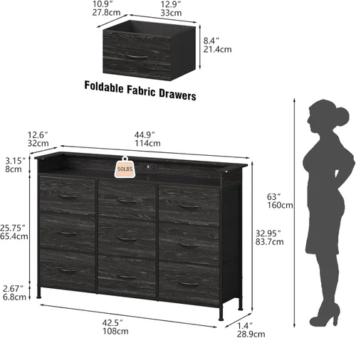 Vista 2 de EXOTICA Cómoda negra con estación de carga, 9 cajones con luz LED y puertos USB, cómoda de tela para dormitorio, pasillo, entrada, armarios, marco