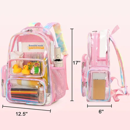 Vista 2 de CAMTOP Mochila transparente resistente y transparente para estudiantes, escuela, trabajo, festival, viajes, deportes, Rosado, Camtop Mochila