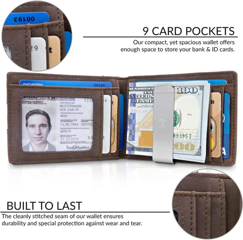 Vista 2 de TRAVANDO - Cartera delgada para hombres con clip de dinero y bloqueador de lector RFID Seattle, mini de plegado doble
