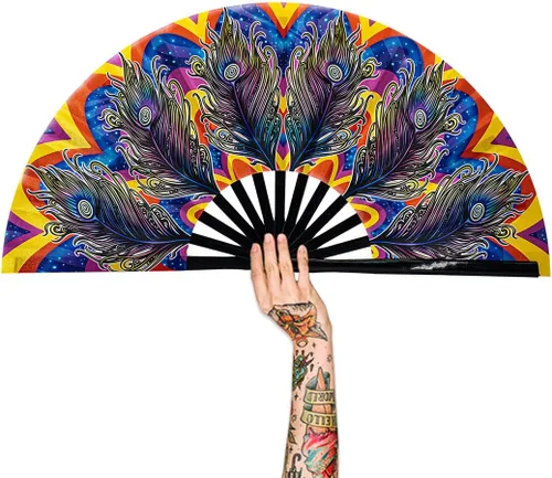 Vista 23 de Abanico para rave con brillo ultravioleta, abanico de mano plegable de bambú para hombres y mujeres (psicodélico espacial, mediano de 11 pulgadas)