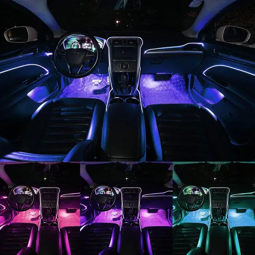 Vista 4 de Luces interiores de automóvil, 13 en 1 iluminación ambiental RGB multicolor, tira de alambre EL, tubo de neón de fibra óptica de 12 V, modo