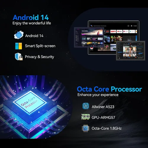 Vista 3 de Tableta Android de 10.1 pulgadas, procesador Octa-Core 2026 con almacenamiento de 64 GB, tableta WiFi 6, cámara dual de 13 MP+5MP, tableta 2 en 1