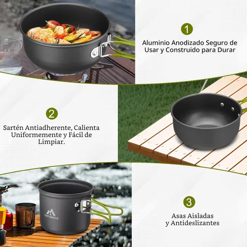 Vista 6 de Kit de utensilios de cocina para campamento, mochileros, ollas de 0.33 galones y sartenes de 0.17 galones, taza SUS304 de 0.08 galones, tenedores