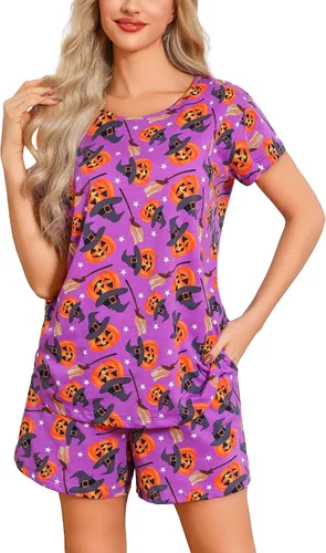 Vista 5 de ENJOYNIGHT - Conjunto de pantalones cortos de pijama para mujer, pijamas de algodón para verano, ropa de dormir con bolsillos Negro