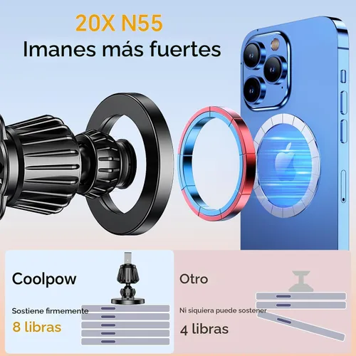 Vista 3 de Coolpow para Soporte de Coche MagSafe【Parabrisas+Ventilación+Tablero】Soporte Magnético de Teléfono para Coche Soporte de Montaje de Teléfono Negro