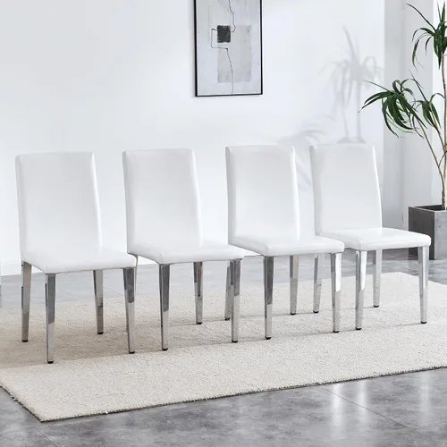 Vista 11 de Juego de 4 sillas de respaldo de piel sintética blanca con patas de metal plateadas. La combinación perfecta, adecuada para estilos minimalistas