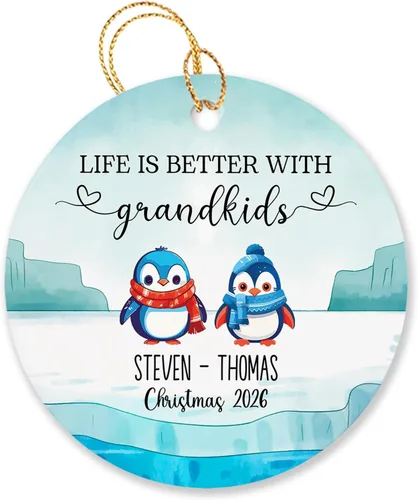 Vista 21 de Árbol de Navidad personalizado para abuelos y nietos 2023, un nieto hace la vida más grandioso, adorno personalizado con nombre y texto, adornos