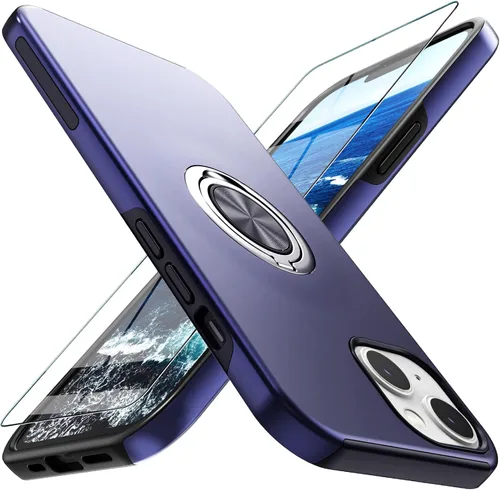 Vista 12 de Funda compatible con iPhone 15 con protector de pantalla de vidrio templado, resistente funda protectora delgada 2 en 1 con soporte de anillo Negro