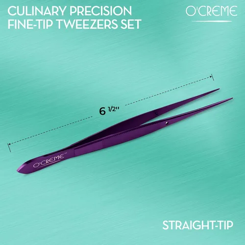 Vista 2 de O'Creme - Pinzas de cocina de acero inoxidable con punta fina Precision plating tongs in purple, 6.25 inches long — ideal for garnishing, plating
