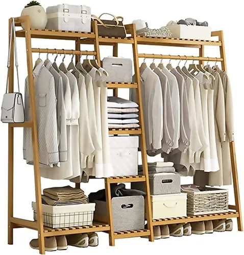 Vista 8 de Perchero de ropa de dormitorio de madera maciza, perchero colgante de doble barra independiente, ahorro de espacio (marrón 63.0 x 15.7 x 55.1 in)