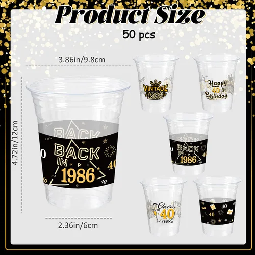 Vista 4 de 50 Piezas Vasos de Plástico para Fiesta de Cumpleaños 40 a Granel, 16 Oz Vasos de Beber Desechables de Plástico Transparente Negro Dorado