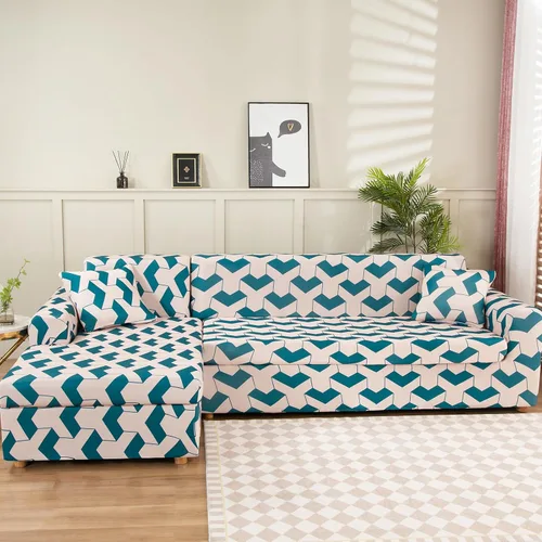 Vista 21 de LiveGo Funda de sofá en forma de L, 2 piezas, elástica y elástica de 3 plazas, protector de muebles con 4 fundas de almohada para sala de estar