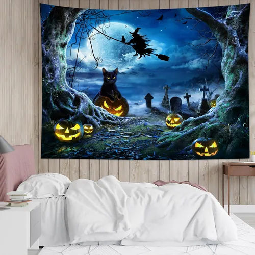 Vista 15 de LB Tapiz espeluznante de cementerio de Halloween, lápida aterradora con árboles muertos, tapiz de bosque para colgar en la pared, tapiz de fondo