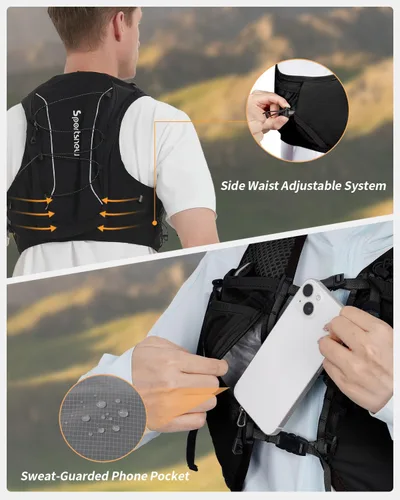 Vista 7 de Sportsnew Chaleco para correr para mujeres y hombres, mochila ligera de hidratación de 10L con bolsillo impermeable para teléfono, paquete