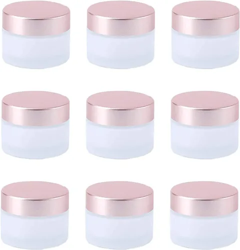 Vista 10 de 10 frascos vacíos de 0.35 oz/0.3 fl oz de vidrio esmerilado transparente para crema con tapas de oro rosa, recipiente para cosméticos, tarro