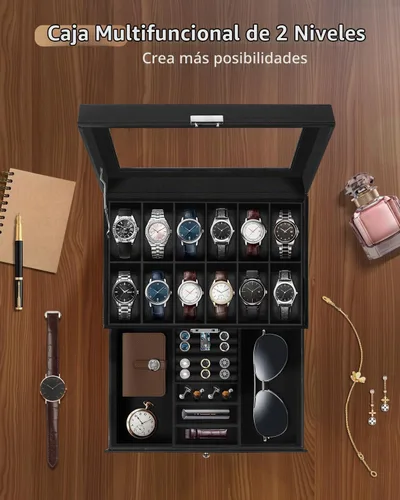 Vista 2 de Uten 12-Slot Watch Box, 2-Layers PU Leather Watch Case with Lock Negro