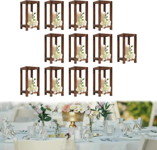 Vista 3 de YIYIBYUS 12 candelabros de madera, centro de mesa de madera para boda, decoración rústica de mesa de boda