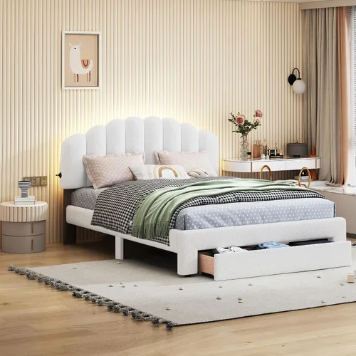 Vista 10 de Cama de plataforma tapizada tamaño Queen con un cajón de almacenamiento, base de cama LED inteligente multifuncional con cabecera de forro polar