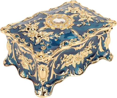 Vista 4 de TOPINCN Organizador de baratijas, caja de joyería para prevención de óxido, aleación de zinc, elegante para aniversario (azul dorado)