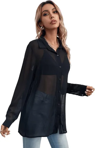 Vista 3 de Floerns Blusa de manga corta con botones de malla transparente para mujer