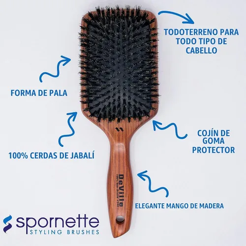 Vista 5 de Spornette Deville Cushion Paddle Brush - Cepillo de cerdas de jabalí con mango de madera, para alisar, alisar, desenredar, peinar y cepillar