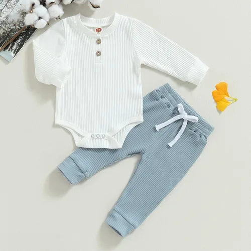 Vista 2 de Ropa de bebé recién nacido, ropa de punto acanalado, manga larga, pantalones de algodón sólido, trajes de otoño e invierno, 2 piezas