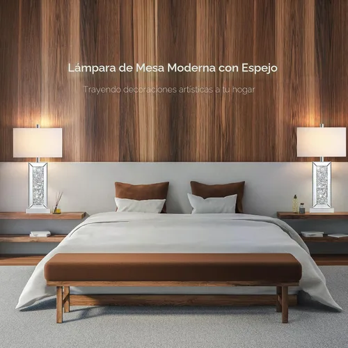 Vista 7 de Juego de 2 lámparas de mesa modernas con control táctil, lámpara de noche de espejo plateado con gran cristal de diamante, con puertos USB C+A